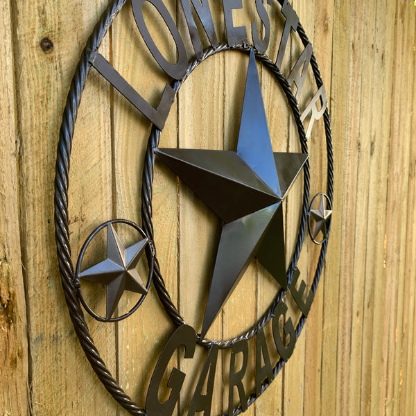 LONESTAR GARAGE STYLE CUSTOM BARN NAME STAR LONESTAR GARAGE METAL NAME BARN STAR WITH TWISTED ROPE RING 3d STAR ART WESTERN HOME DECOR RUSTIC BROWN