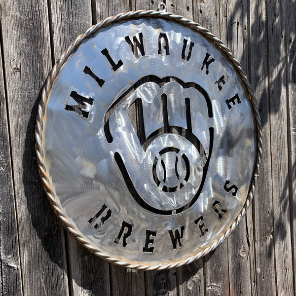 24" MILWAUKEE BREWERS RAW METAL WIDE BAND DISC STYLE CUSTOM METAL VINTAGE CRAFT TEAM SIGN HANDMADE
