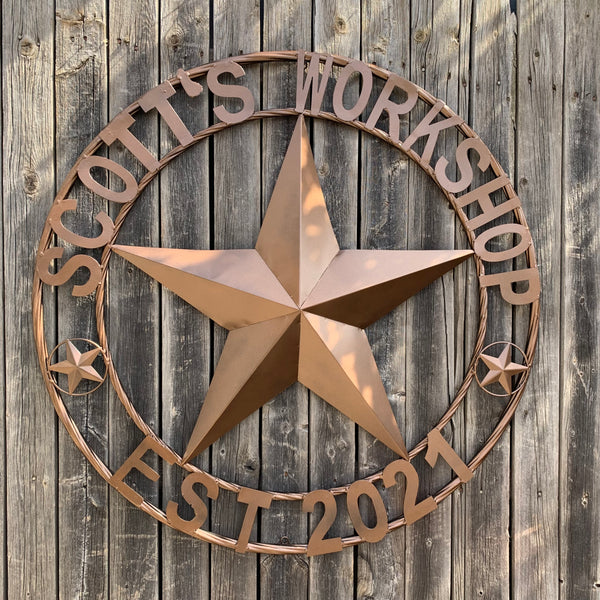 YOUR CUSTOM WORKSHOP NAME STAR METAL BARN STAR ROPE RING WESTERN HOME DECOR VINTAGE RUSTIC BROWN NEW HANDMADE 24",32",36",40",42",44",46",50"