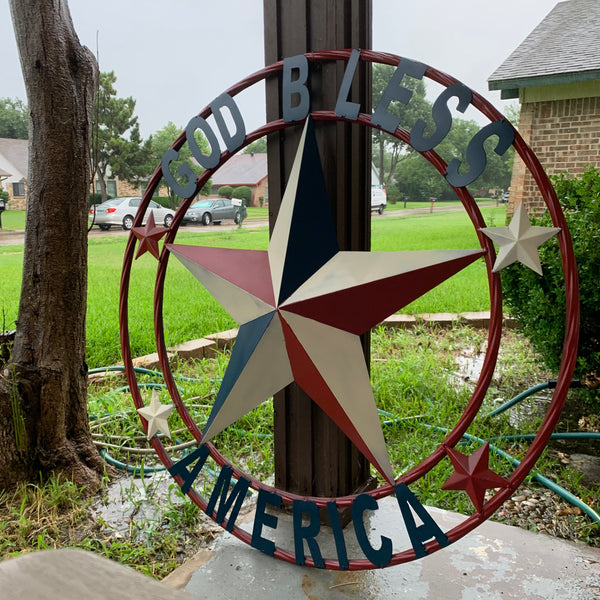 #EH10489 GOD BLESS AMERICA USA FLAG BARN STAR METAL RED WHITE BLUE WESTER HOME DECOR HANDMADE NEW