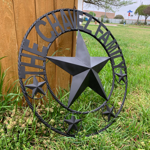 CHAVEZ STYLE CUSTOM FAMILY NAME STAR BLACK STEEL METAL BARN STAR ROPE RING WESTERN HOME DECOR VINTAGE NEW HANDMADE 24",32",34",36",40",42",44",46",50"