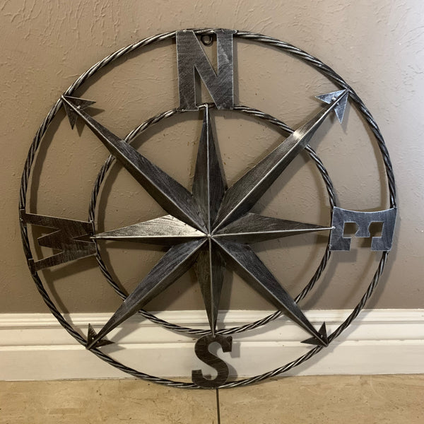 #SI_B8235 COMPASS 24" GREY METAL SIGN WESTERN HOME DECOR HANDMADE NEW