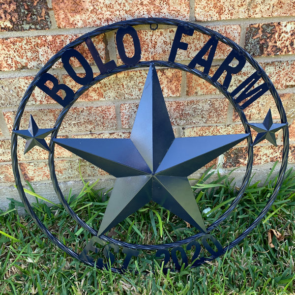 CREEKSIDE FARM STYLE YOUR CUSTOM NAME BARN BLACK STAR 3d WITH TWISTED ROPE RING DESIGN METAL WALL ART WESTERN HOME DECOR NEW HANDMADE, 24", 32", 36", 40", 44", 46", 50"
