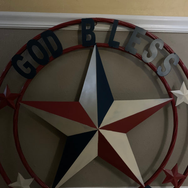 #EH10489 GOD BLESS AMERICA USA FLAG BARN STAR METAL RED WHITE BLUE WESTER HOME DECOR HANDMADE NEW