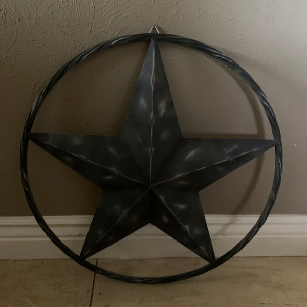 RUSTIC BLACK DISTRESSED TWO TONE BARN LONE STAR ROPE RING METAL WALL ART WESTERN HOME DECOR HANDMADE