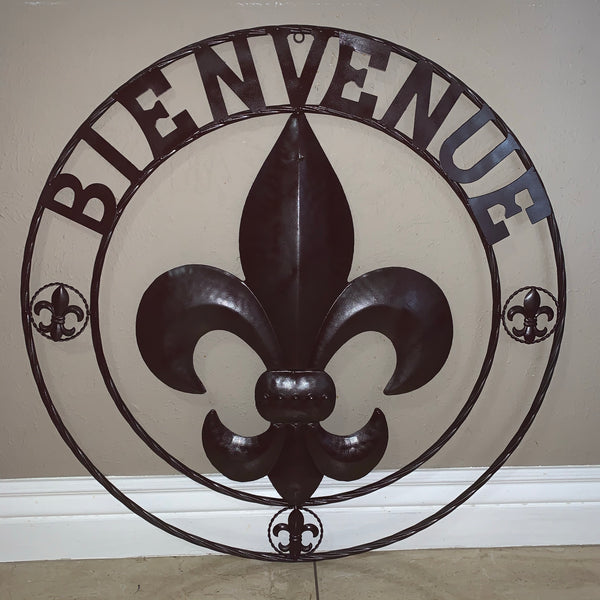 24", 32" FLEUR DE LIS BIENVENUE METAL WALL ART WESTERN HOME DECOR RUSTIC BROWN NEW