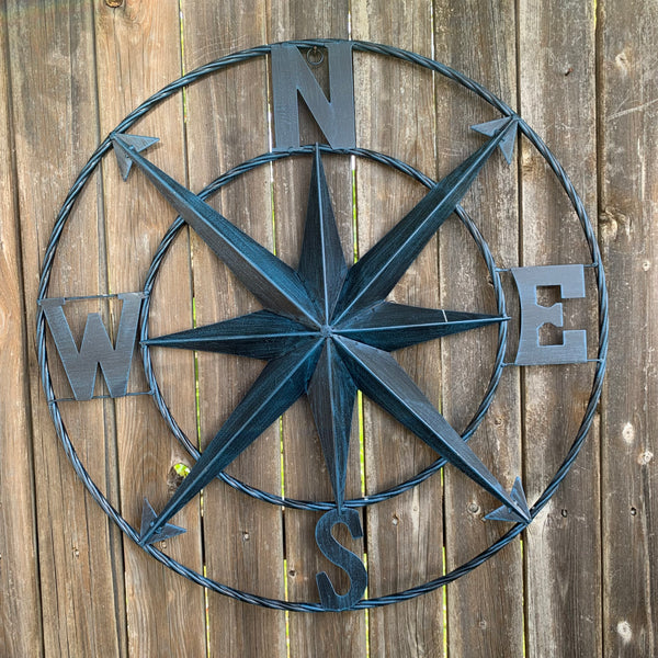 #SI_B8235 COMPASS NAVY BLUE 24" METAL SIGN WESTERN HOME DECOR HANDMADE NEW