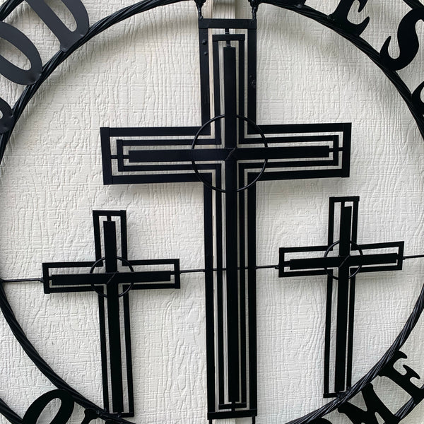 40"GOD BLESS OUR HOME CRUCIFIX CROSS METAL WALL ART BLACK HANDMADE NEW
