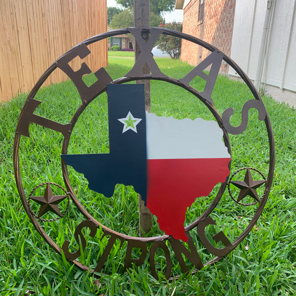 24" TEXAS STRONG BARN METAL WALL ART SIGN WESTERN HOME DECOR RED WHITE BLUE HANDMADE