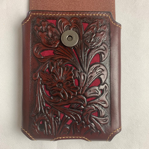 #LG2004  7.5" HORSE COFFEE BROWN & RED LEATHER POUCH EXTRA LARGE  BELT LOOP HOLSTER CELL PHONE CASE UNIVERSAL OVERSIZE