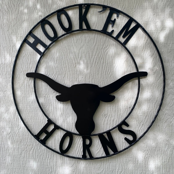 HOOKEM HORNS GLOSSY BLACK TEXAS LONGHORNS HOOK EM METAL CUSTOM VINTAGE CRAFT WALL ART TEAM SIGN HANDMADE