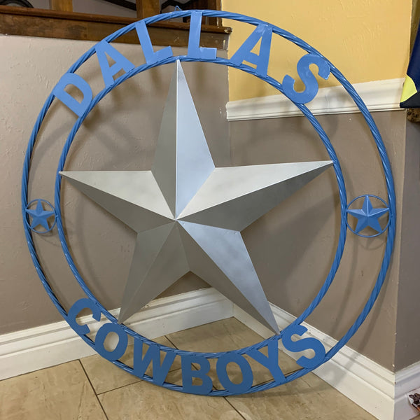 DALLAS COWBOYS SILVER & LIGHT BLUE BARN STAR CUSTOM VINTAGE METAL LONE STAR ART WESTERN HOME DECOR SIZE:24",32",36",40",42",44",46",50"