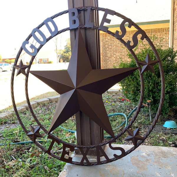 #EH11085 GOD BLESS TEXAS BROWN BARN STAR METAL LONE STAR TWISTED ROPE RING WESTERN HOME DECOR HANDMADE NEW