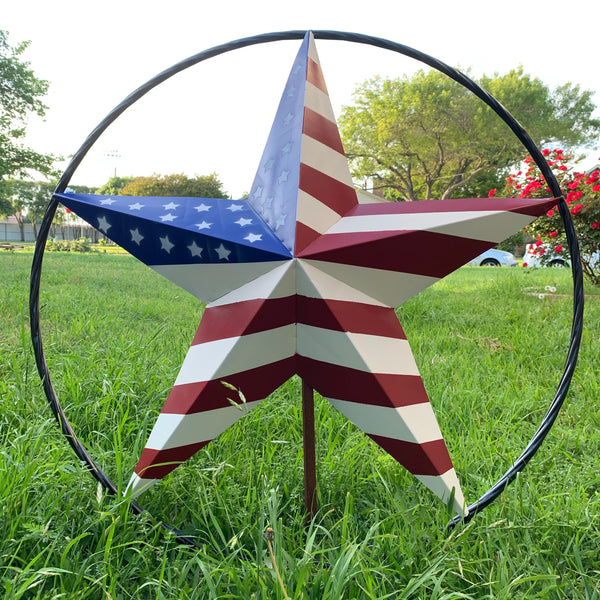 AMERICAN Flag USA Metal Barn Star RED WHITE & BLUE with Black Rope Ring Western Home Decor Handmade 12",16",24",30",34",36",40",48"