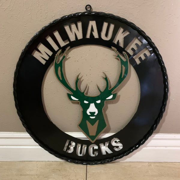 24" MILWAUKEE BUCKS WIDE BAND DISC STYLE METAL CUSTOM VINTAGE CRAFT TEAM SPORTS SIGN HANDMADE