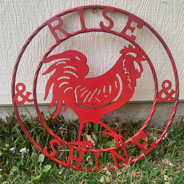 #SI_B9504 RISE & SHINE 24" RED ROOSTER CHICKEN METAL SIGN WESTERN HOME DECOR HANDMADE NEW