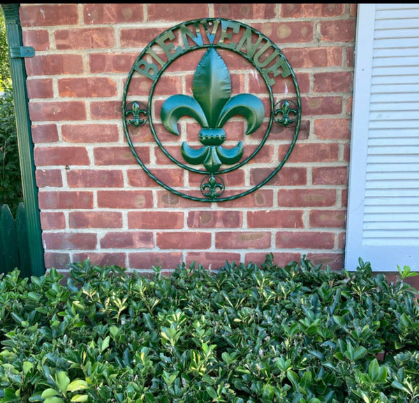24", 32" GLOSSY HUNTER GREEN FLEUR DE LIS BIENVENUE METAL WALL ART WESTERN HOME DECOR