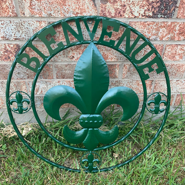 24", 32" GLOSSY HUNTER GREEN FLEUR DE LIS BIENVENUE METAL WALL ART WESTERN HOME DECOR