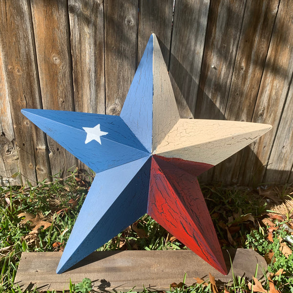 CRACKLE STYLE RED BEIGE & BLUE METAL BARN STAR METAL WALL ART WESTERN HOME DECOR RUSTIC NEW