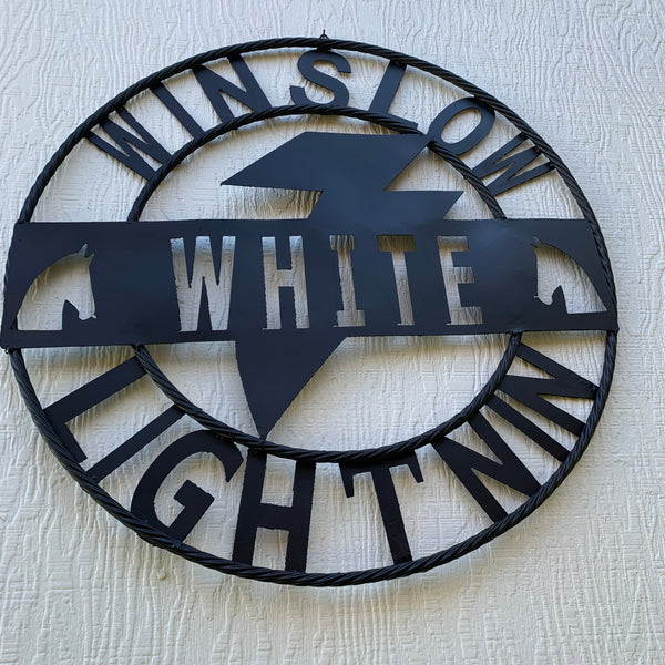CUSTOM NAME LIGHTNIN HORSE SIGN RAW METAL BARN ROPE RING WESTERN HOME DECOR HANDMADE 24",32",36"