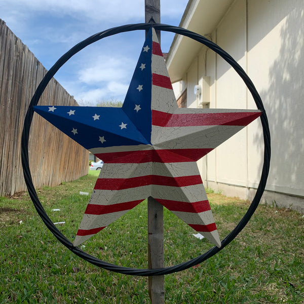 24" AMERICAN USA FLAG CRACKLE STAR METAL WALL ART WESTERN HOME DECOR HANDMADE NEW