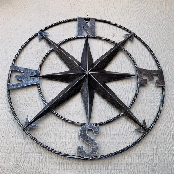 #SI_B8235 COMPASS 24" GREY METAL SIGN WESTERN HOME DECOR HANDMADE NEW