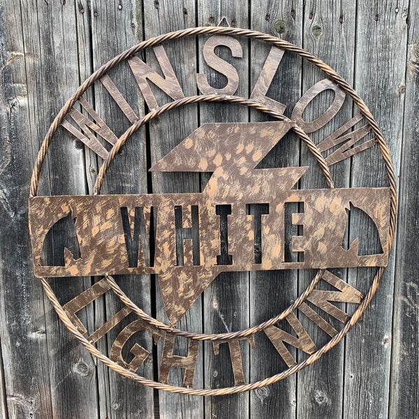 CUSTOM NAME LIGHTNIN HORSE SIGN RAW METAL BARN ROPE RING WESTERN HOME DECOR HANDMADE 24",32",36"