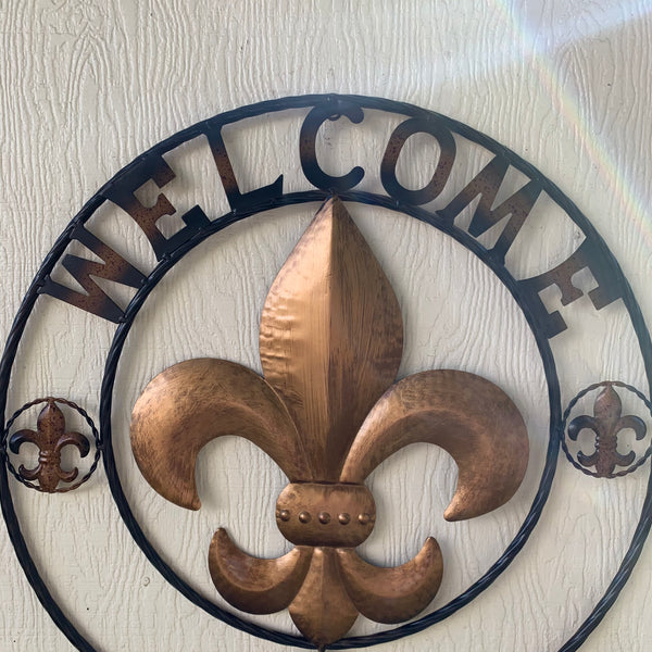 24", 32" WELCOME FLEUR DE LIS METAL WALL ART WESTERN HOME DECOR GOLD & BLACK