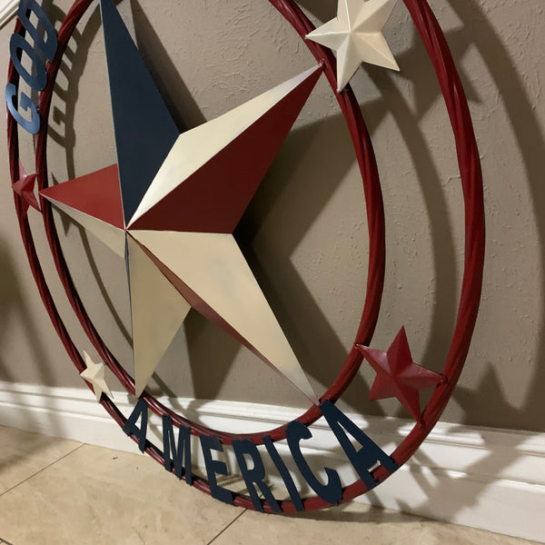 #EH10489 GOD BLESS AMERICA USA FLAG BARN STAR METAL RED WHITE BLUE WESTER HOME DECOR HANDMADE NEW