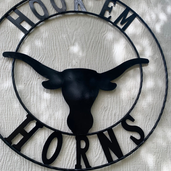 HOOKEM HORNS GLOSSY BLACK TEXAS LONGHORNS HOOK EM METAL CUSTOM VINTAGE CRAFT WALL ART TEAM SIGN HANDMADE