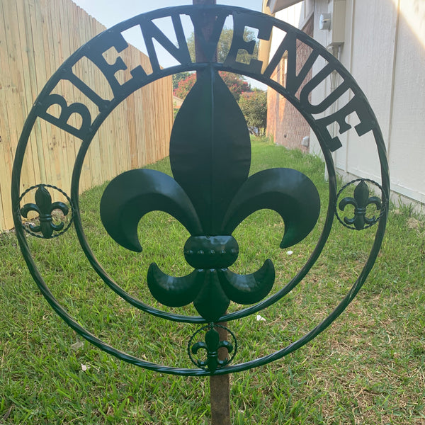 24", 32" GLOSSY HUNTER GREEN FLEUR DE LIS BIENVENUE METAL WALL ART WESTERN HOME DECOR
