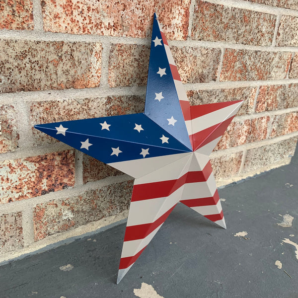 AMERICANA USA FLAG BARN STAR METAL RED BEIGE NAVY BLUE STAR WESTERN HOME DECOR HANDMADE