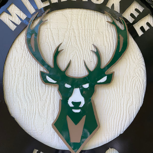 24" MILWAUKEE BUCKS WIDE BAND DISC STYLE METAL CUSTOM VINTAGE CRAFT TEAM SPORTS SIGN HANDMADE