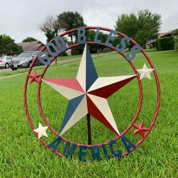 #EH10489 GOD BLESS AMERICA USA FLAG BARN STAR METAL RED WHITE BLUE WESTER HOME DECOR HANDMADE NEW