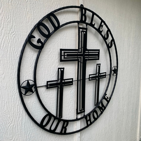 40"GOD BLESS OUR HOME CRUCIFIX CROSS METAL WALL ART BLACK HANDMADE NEW