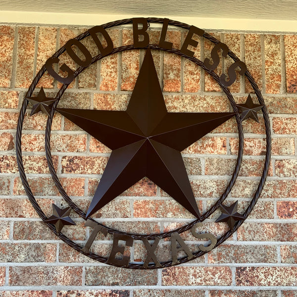 #EH11085 GOD BLESS TEXAS BROWN BARN STAR METAL LONE STAR TWISTED ROPE RING WESTERN HOME DECOR HANDMADE NEW