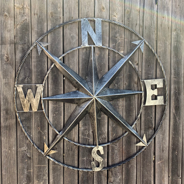 36" COMPASS GREY METAL ART WESTERN METAL ART HOME WALL DECOR RUSTIC GREY #EH10383