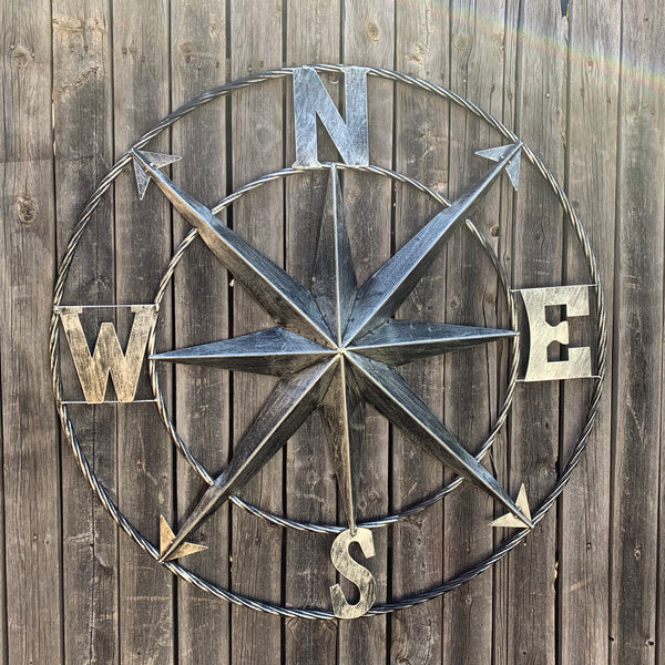 36" COMPASS GREY METAL ART WESTERN METAL ART HOME WALL DECOR RUSTIC GREY