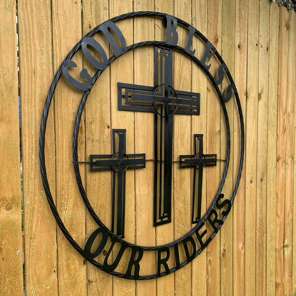 40"GOD BLESS OUR RIDERS CRUCIFIX BLACK CROSS METAL WALL ART HANDMADE