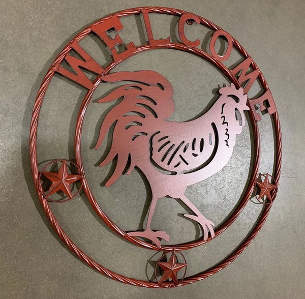 24" ROOSTER WELCOME WITH RING DESIGN WESTERN METAL ANIMAL ART HOME WALL DECOR BRAND NEW