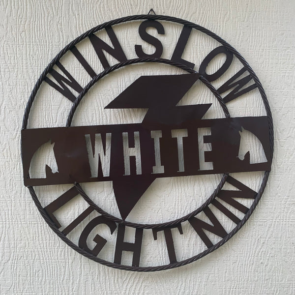 CUSTOM NAME LIGHTNIN HORSE SIGN RAW METAL BARN ROPE RING WESTERN HOME DECOR HANDMADE 24",32",36"