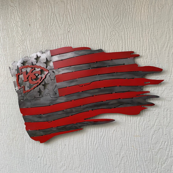 KANSAS CITY CHIEFS METAL TATTERED FLAG CUSTOM VINTAGE CRAFT WALL ART HANDMADE