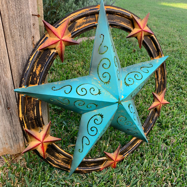 #RT5045 TURQUOISE CARVED CUT STAR 26",36", BARN METAL WESTERN HOME DECOR HANDMADE NEW