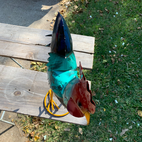 #34-041 RUSTIC TURQUOISE ROOSTER 20",30",40" CHICKEN GARDEN ANIMAL SCULPTURE METAL DECOR ORNAMENT HANDMADE
