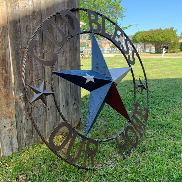 24", 32", 40" GOD BLESS OUR HOME LICENSE PLATE BARN METAL STAR ROPE RING WALL ART WESTERN HOME DECOR RED WHITE & BLUE