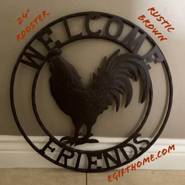 24" WELCOME FRIENDS ROOSTER WESTERN METAL ANIMAL ART HOME WALL ART RUSTIC BROWN COLOR