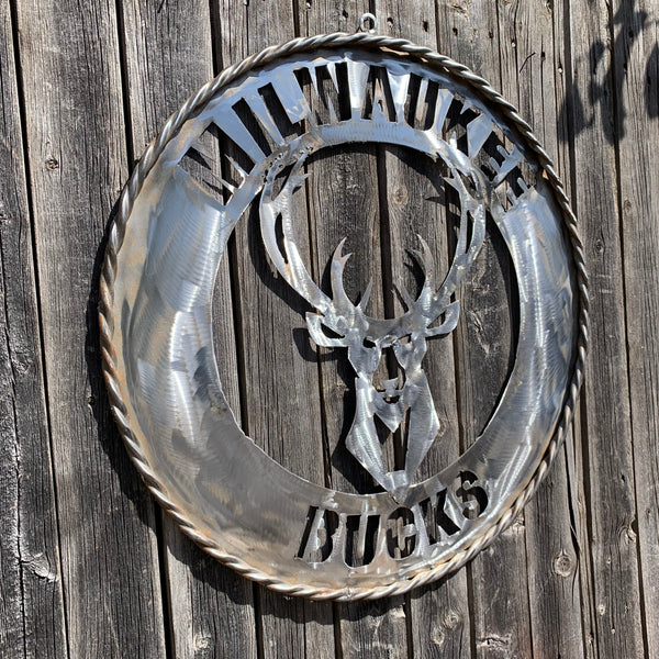 24" MILWAUKEE BUCKS RAW METAL WIDE BAND DISC STYLE METAL CUSTOM VINTAGE CRAFT TEAM SPORTS SIGN HANDMADE