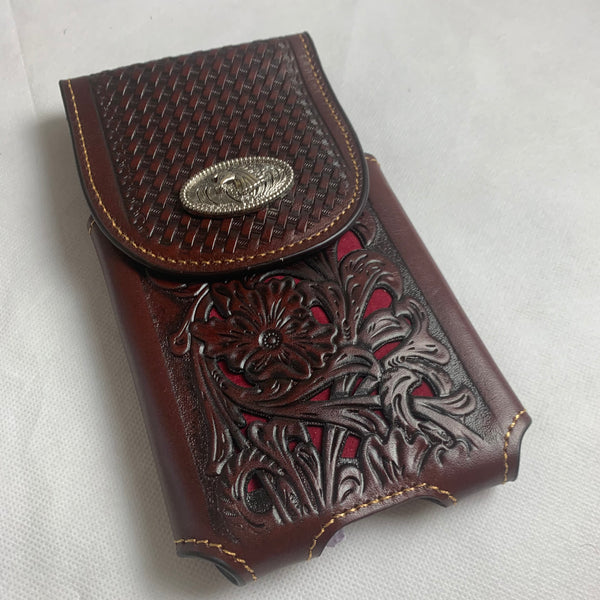 #LG2004  7.5" HORSE COFFEE BROWN & RED LEATHER POUCH EXTRA LARGE  BELT LOOP HOLSTER CELL PHONE CASE UNIVERSAL OVERSIZE