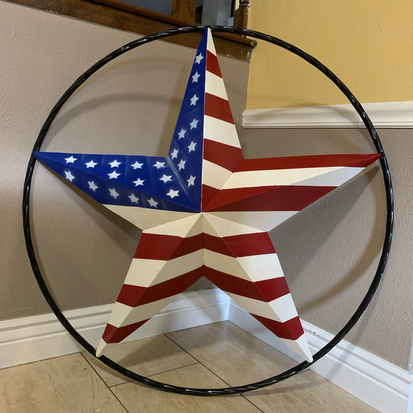 AMERICAN Flag USA Metal Barn Star RED WHITE & BLUE with Black Rope Ring Western Home Decor Handmade 12",16",24",30",34",36",40",48"