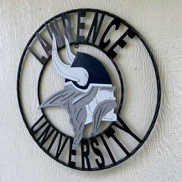 LAWRENCE UNIVERSITY METAL CUSTOM VINTAGE CRAFT WALL ART RUSTIC BLUE SILVER WHITE TEAM SIGN HANDMADE